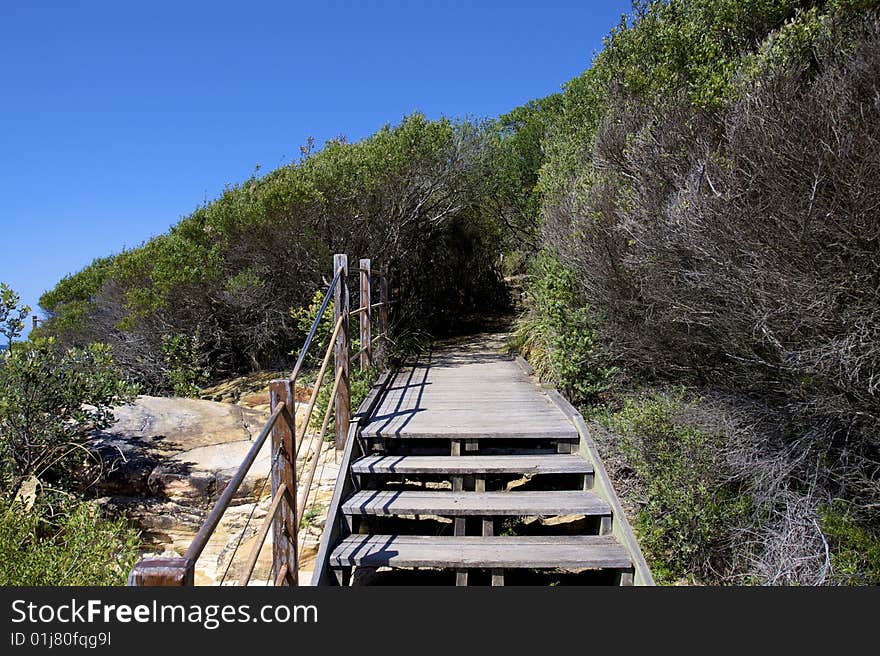 Stairs up a wooden-deck trail in the Australian outback