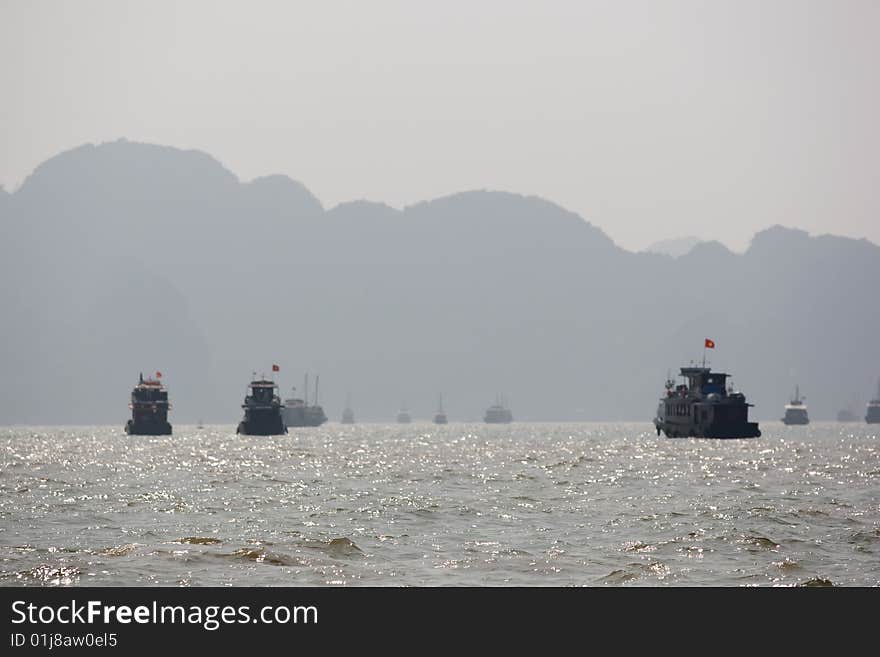 Boat and Islands in Ha Long Bay, Northern Vietnam