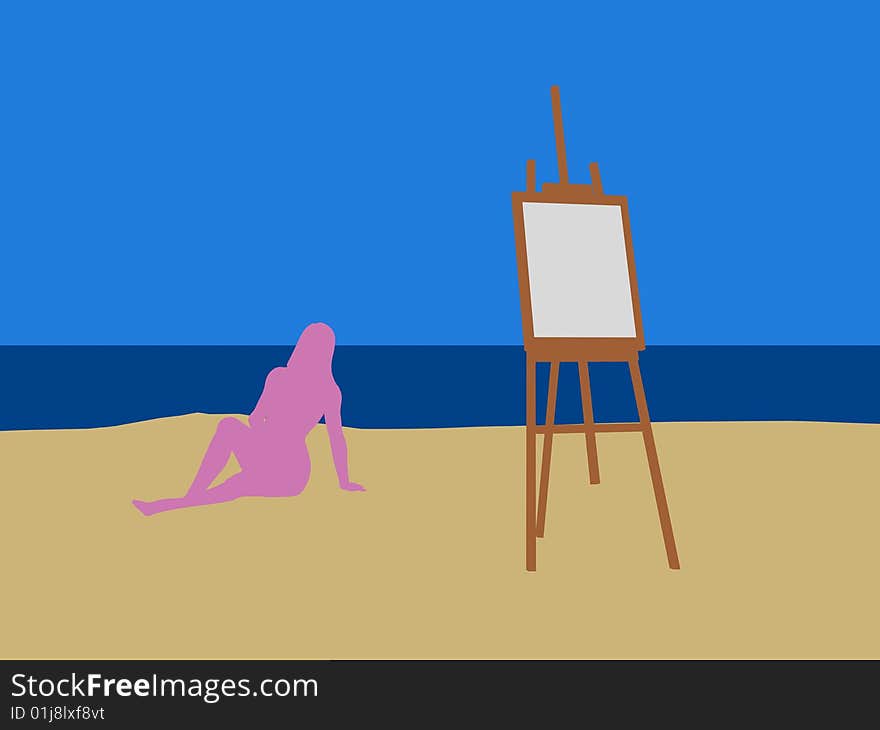 Illustration,a easel at the sand.