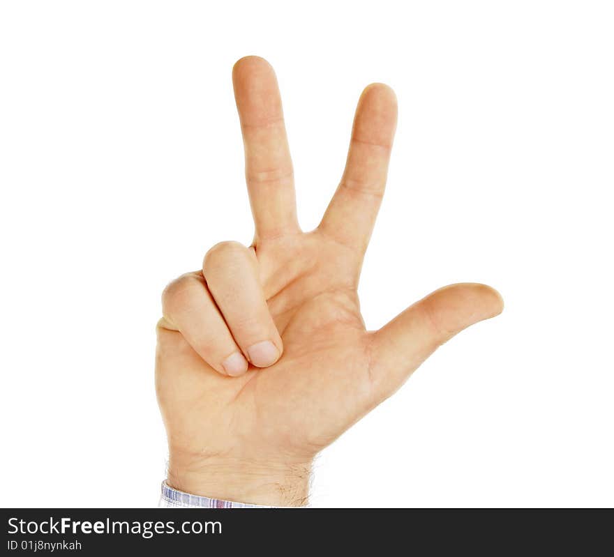 Man hand isolated showing sign three fingers. Man hand isolated showing sign three fingers