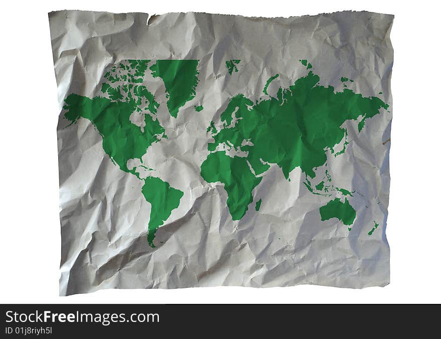 World map on aged crumple paper. World map on aged crumple paper