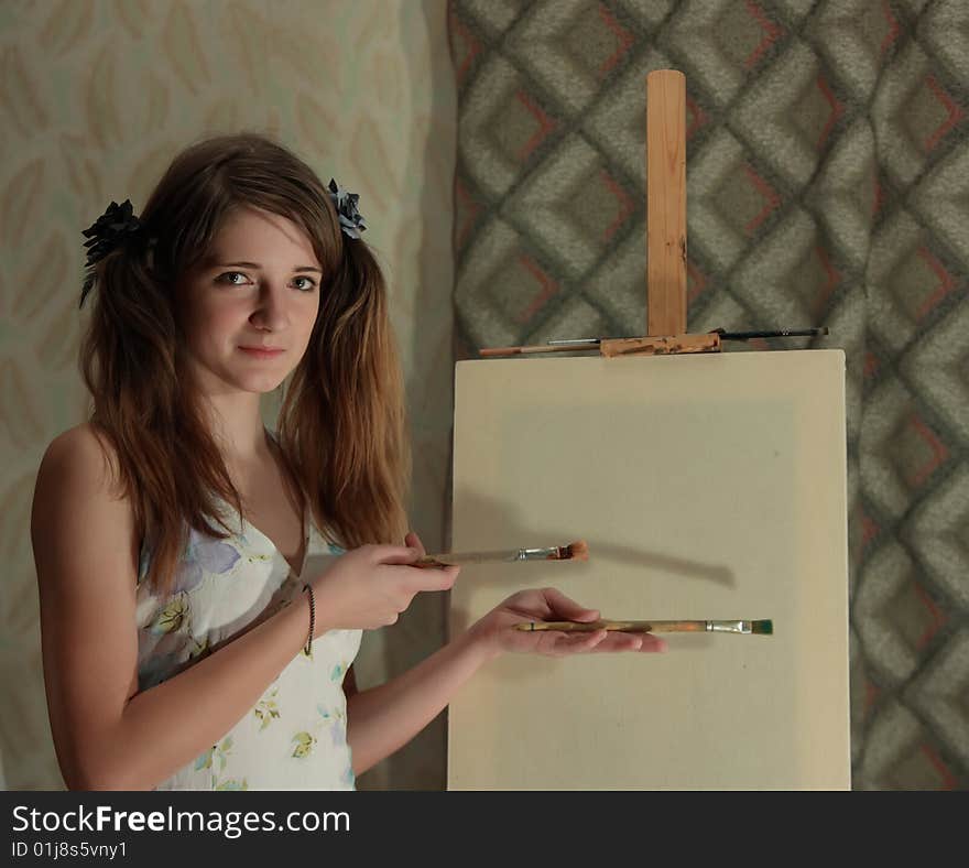 Beauty teenager girl  painting on blank white canvas. Beauty teenager girl  painting on blank white canvas