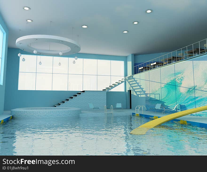 Interior of swimming pool. 3d render image. Interior of swimming pool. 3d render image.