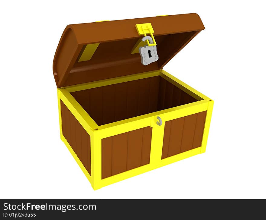 3d render of a empty treasure chest. Isolated on white background.