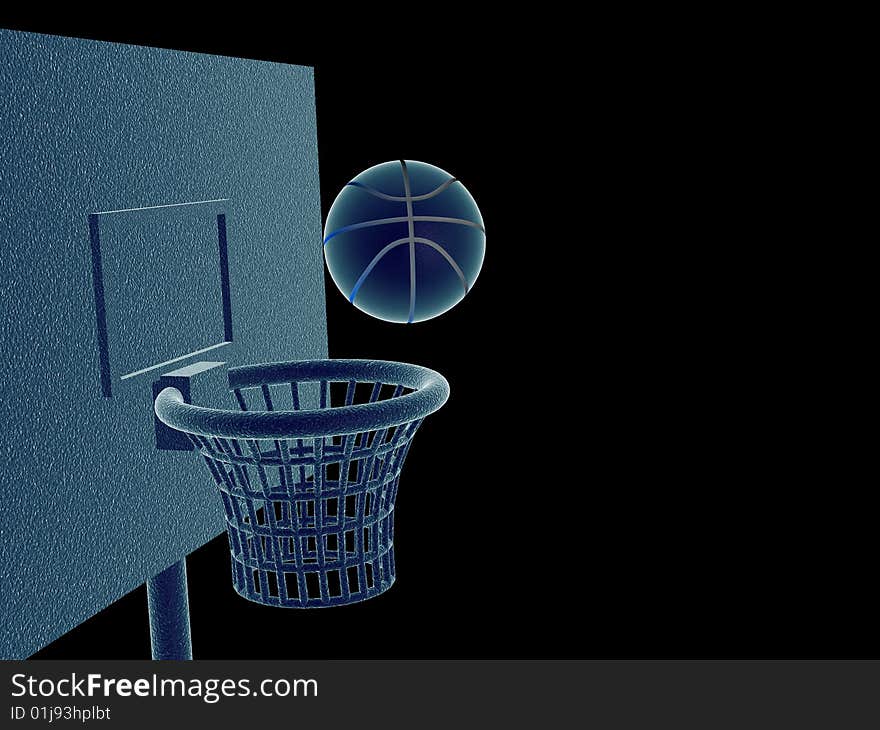 Basketball ball in basket. Isolated on black background