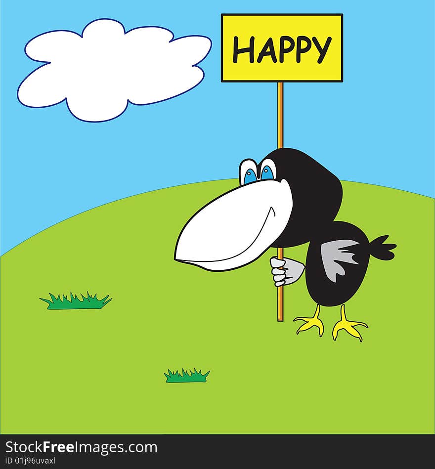 Happy cartoon raven stands on a green lawn with a congratulatory poster. Happy cartoon raven stands on a green lawn with a congratulatory poster