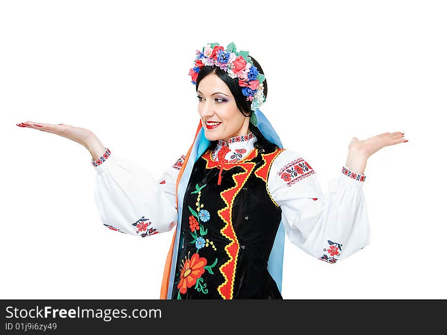 Young beauty ukrainian woman holds palms up. Young beauty ukrainian woman holds palms up