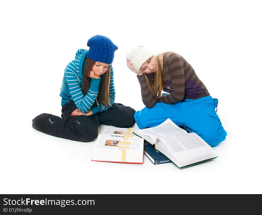 The two young students isolated on a white background