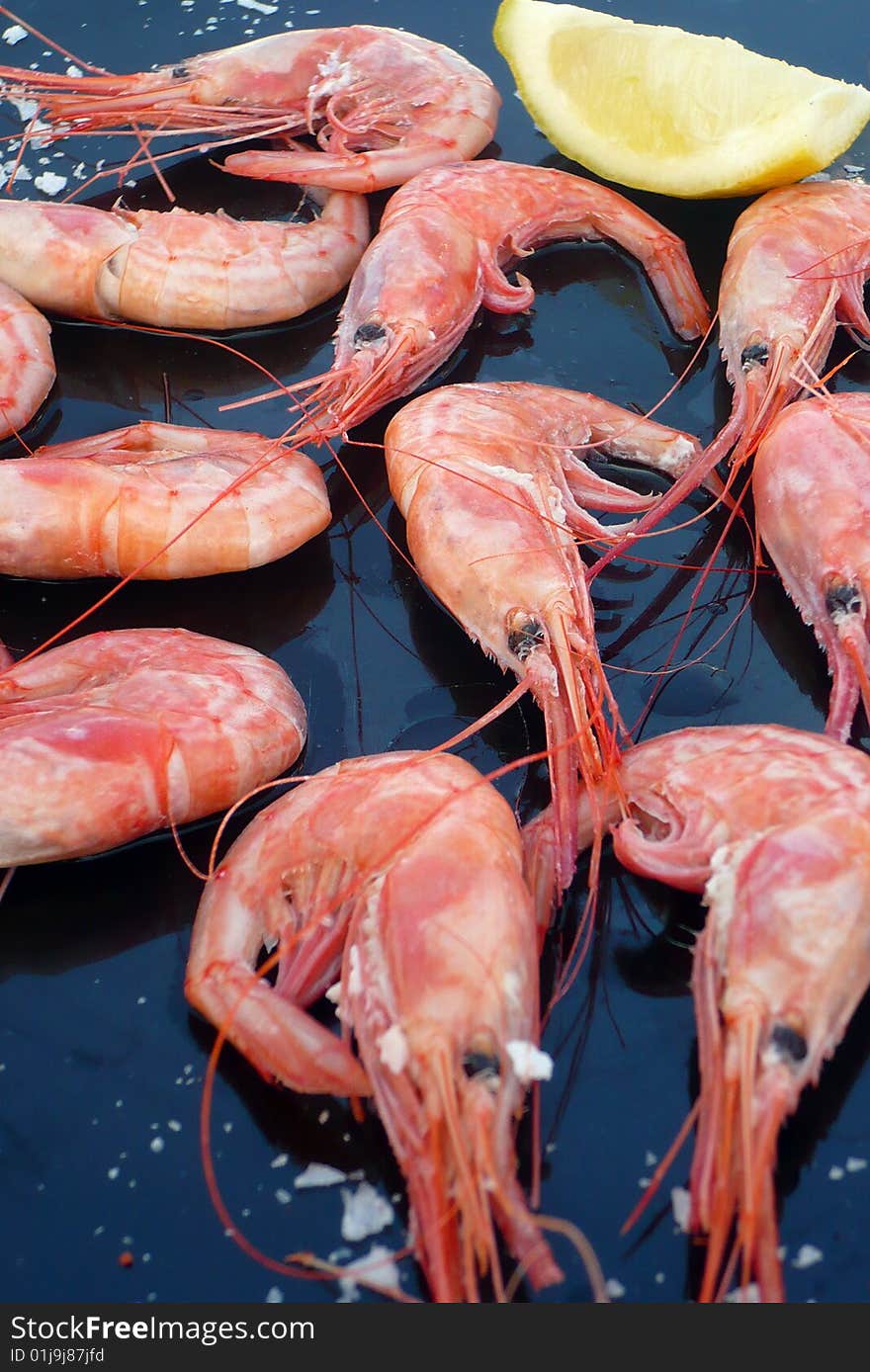 Close up sight of some cooked mediterranean shrimps. Close up sight of some cooked mediterranean shrimps