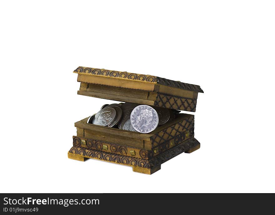 Ajar wooden vintage moneybox filled with silver shine and dull coins. Ajar wooden vintage moneybox filled with silver shine and dull coins