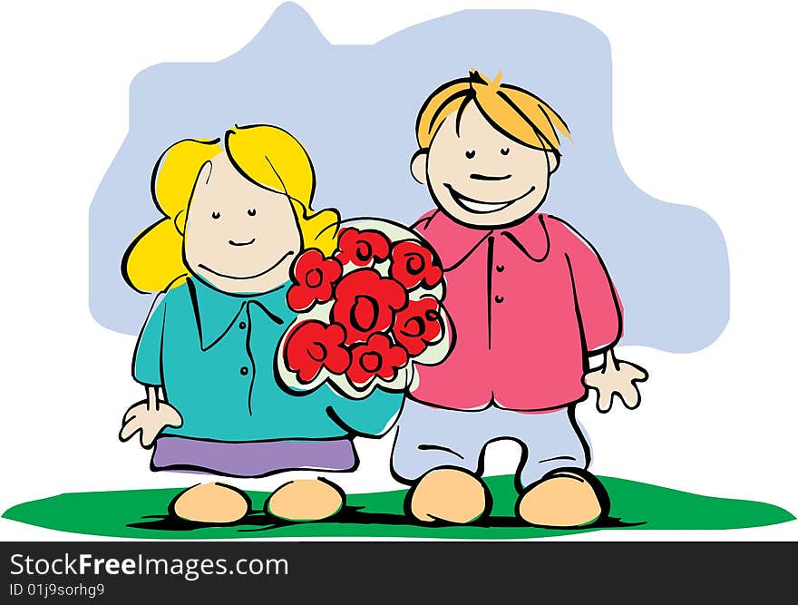 Children boy and girl with flowers