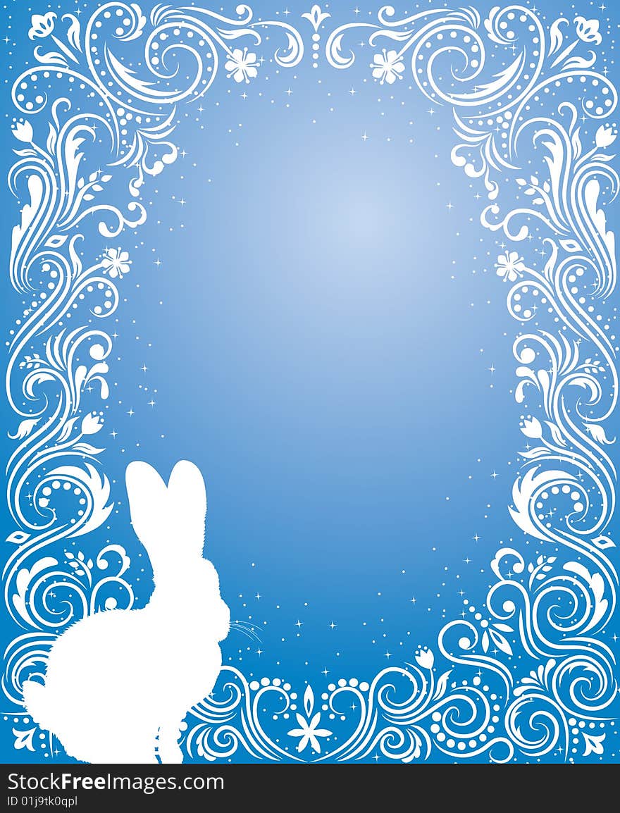 Pattern in a shape of an egg on the blue background with sparkles silhouettes of a rabbit. Pattern in a shape of an egg on the blue background with sparkles silhouettes of a rabbit.