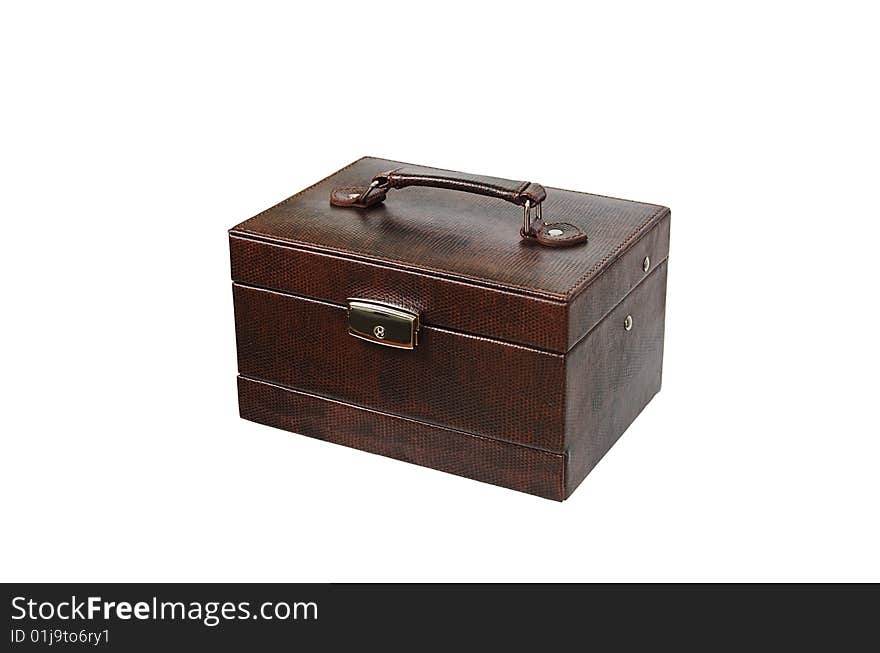 Brown leather jewelry box with handle and locker isolated on white