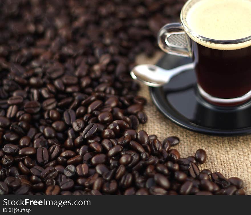 Fresh cup of coffee surrounded by aromatic beans