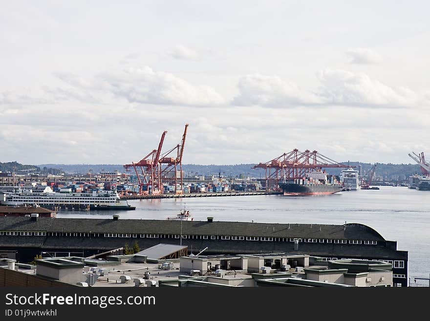 An industrial shipping port and a busy harbor