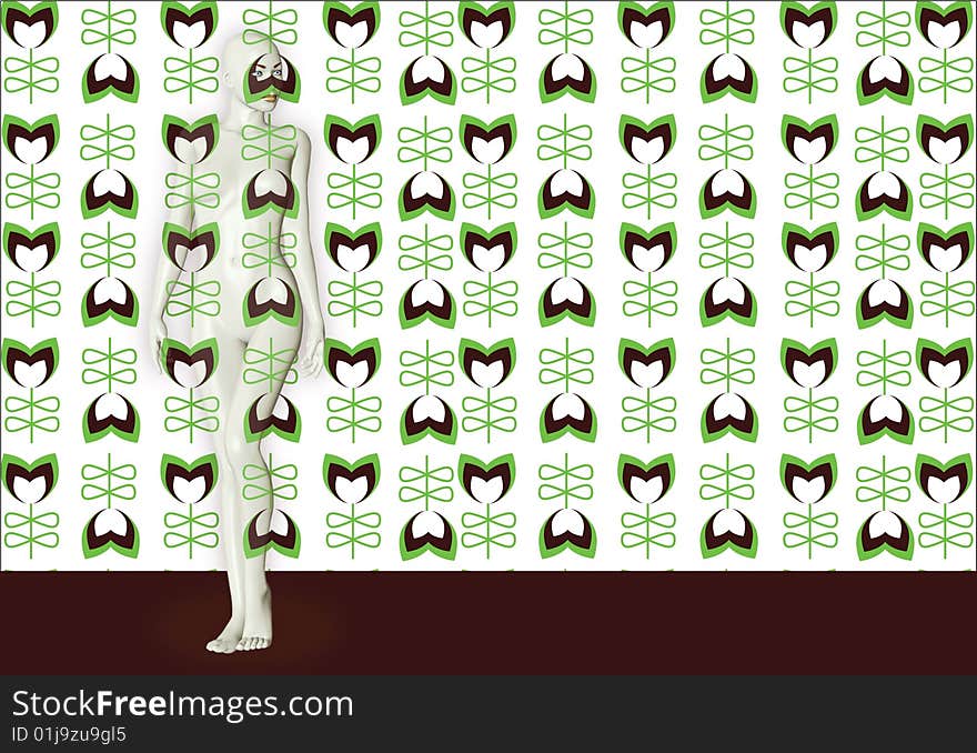 A mixed media, 3d illustration of a woman blending into the surrounding background and wallpaper