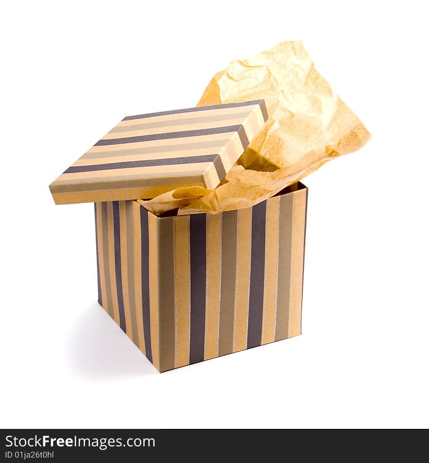 Isolated open gift box with craft paper inside