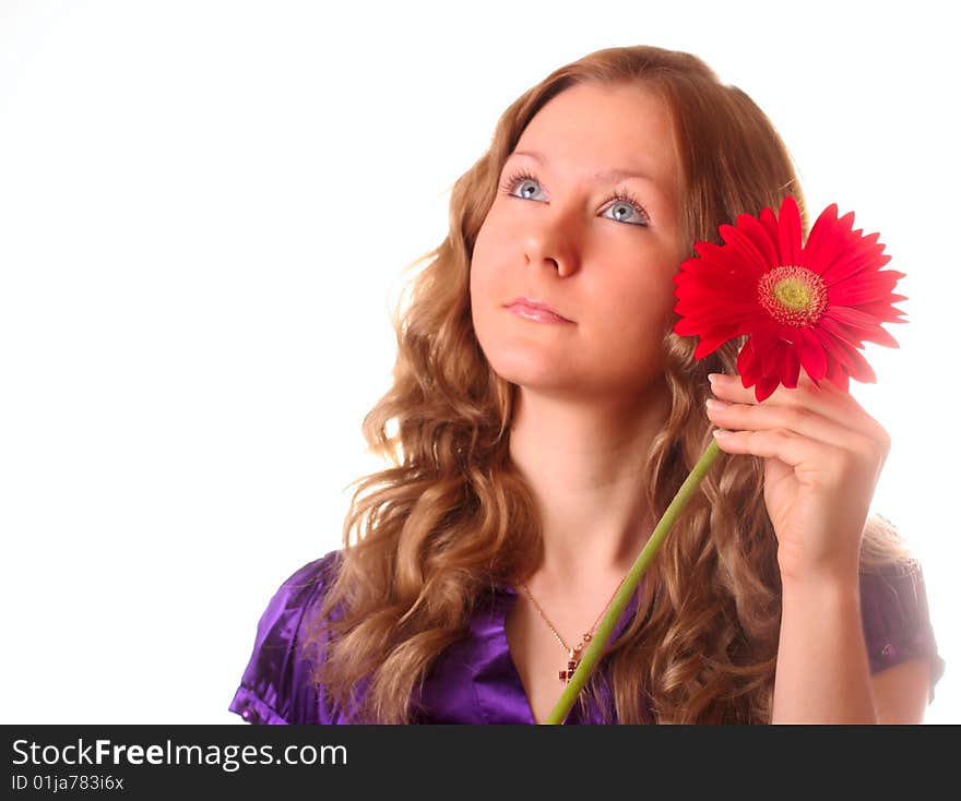 Girl and red flower on white