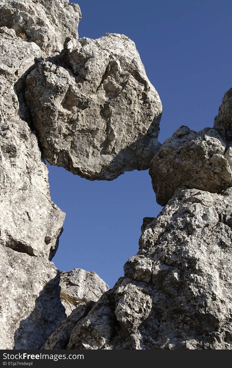 A jammed rock as a symbol for danger and a symbol for a bridge with support