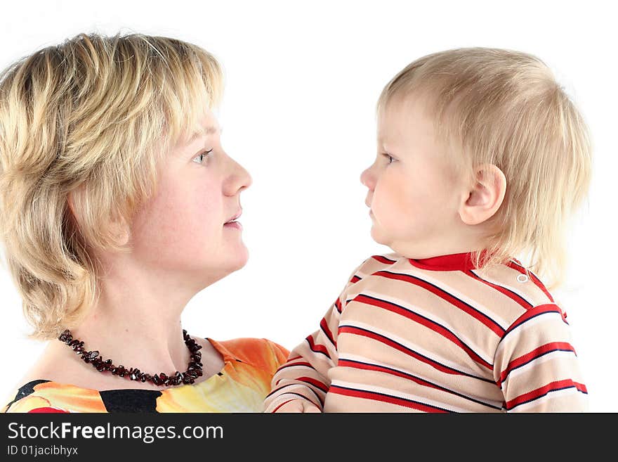 Mother and her little son isolated on white background