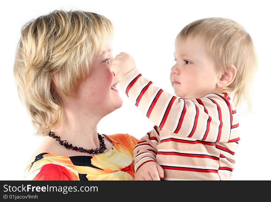 Mother and her little son isolated on white background