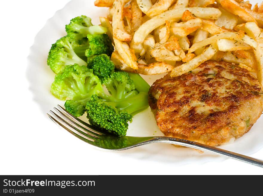 Close-up cutlet with broccoli and potatoes