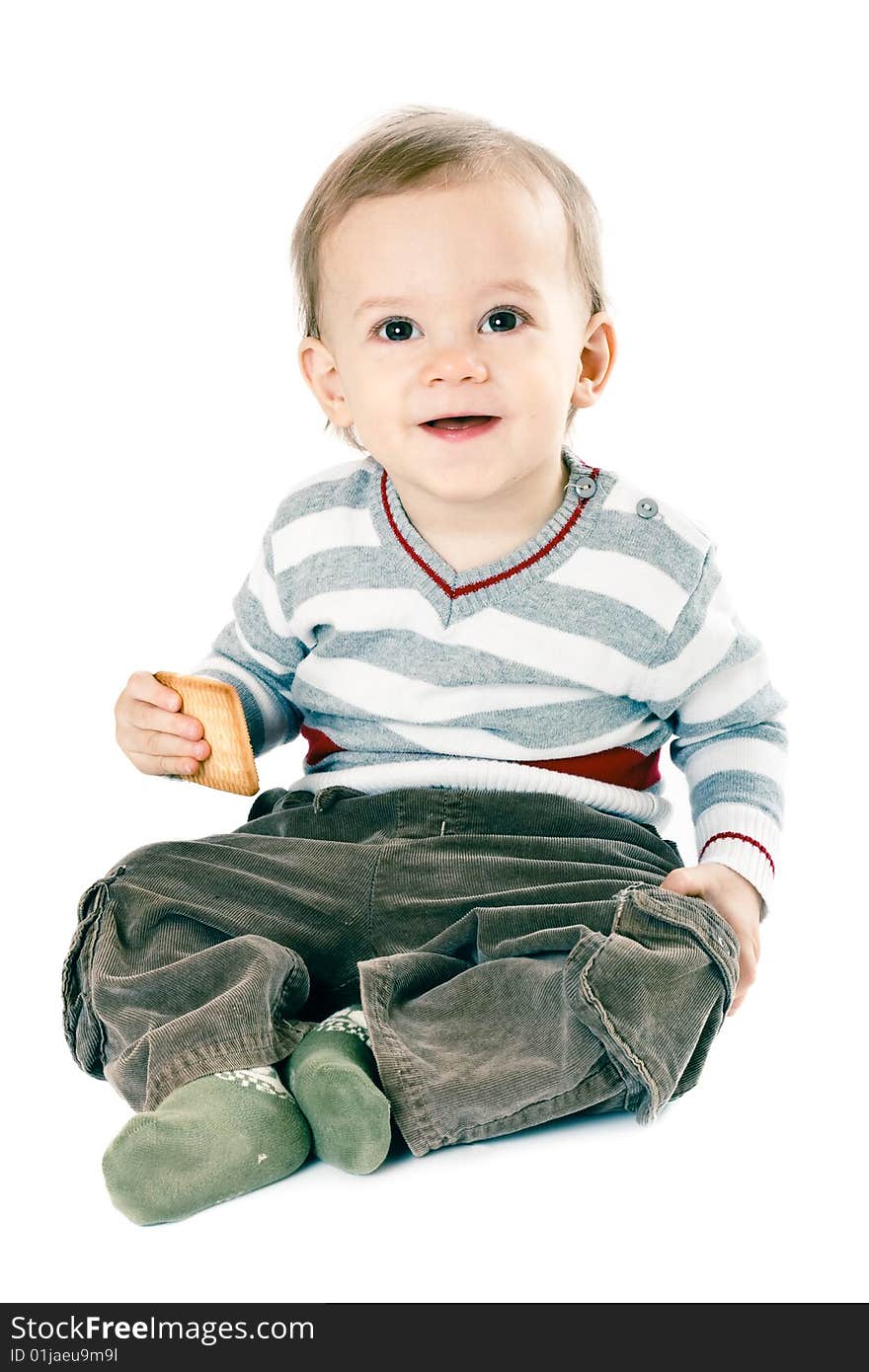 Little baby boy in strip pullover on white background. Little baby boy in strip pullover on white background