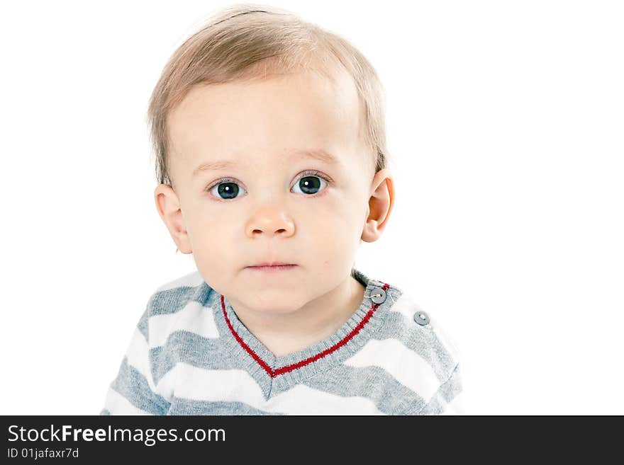 Little baby boy in strip pullover on white background. Little baby boy in strip pullover on white background