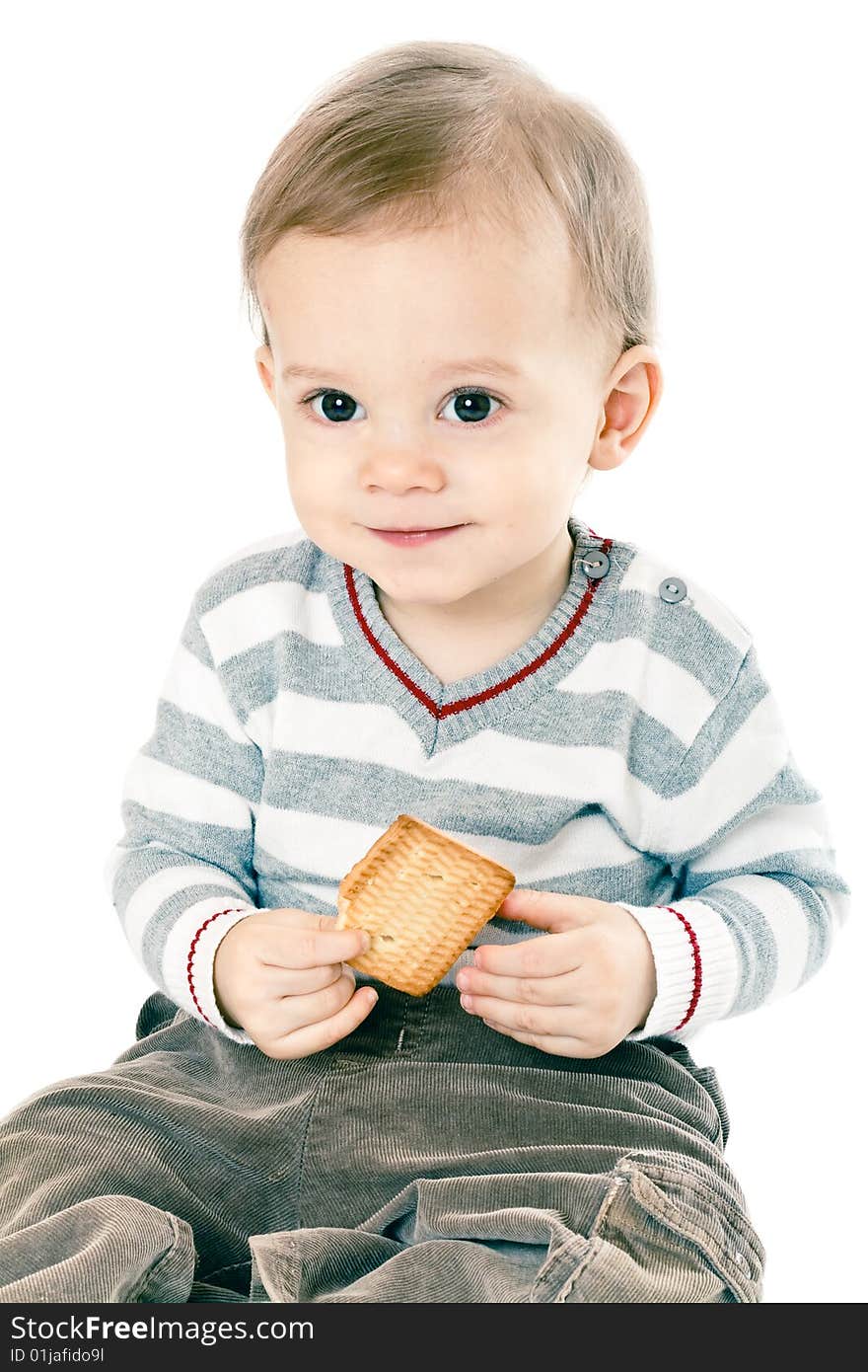 Little baby boy in strip pullover on white background. Little baby boy in strip pullover on white background