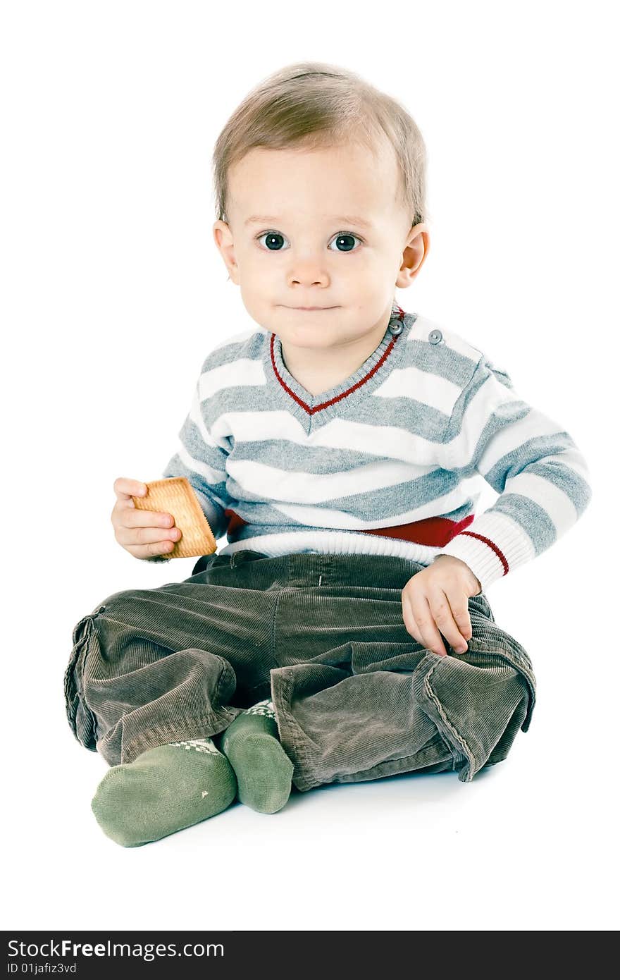 Little baby boy in strip pullover on white background. Little baby boy in strip pullover on white background