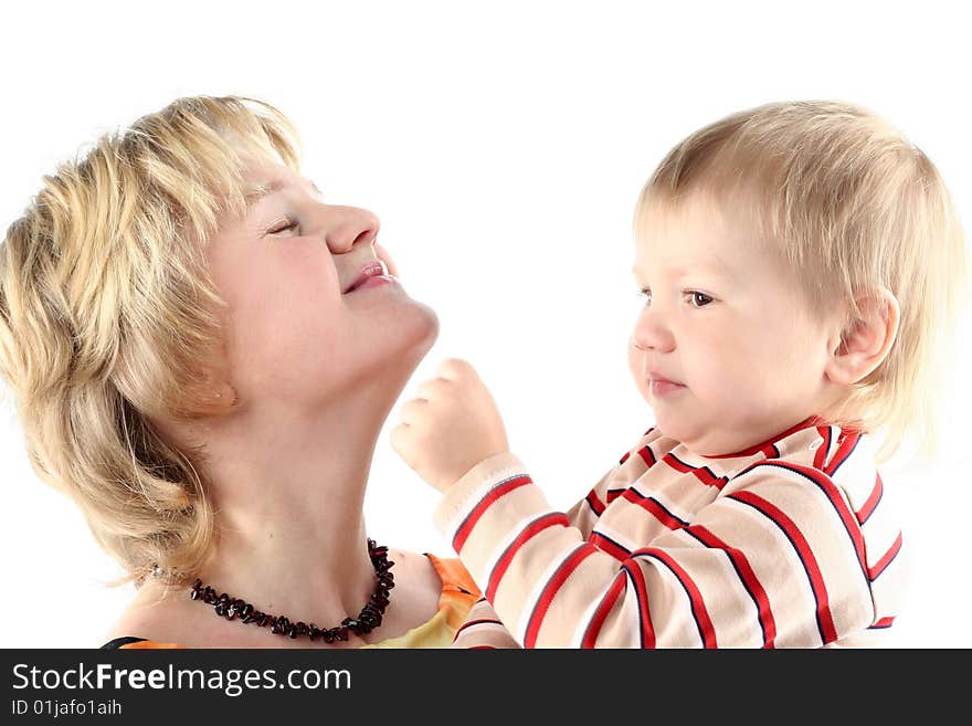 Mother and her little son isolated on white background