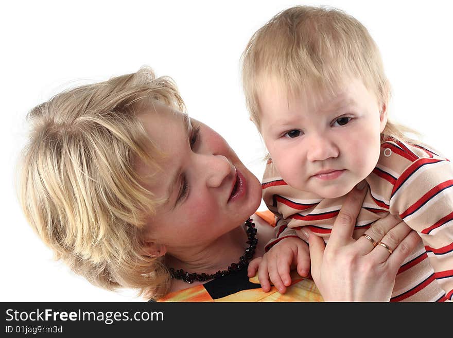 Mother and her little son isolated on white background