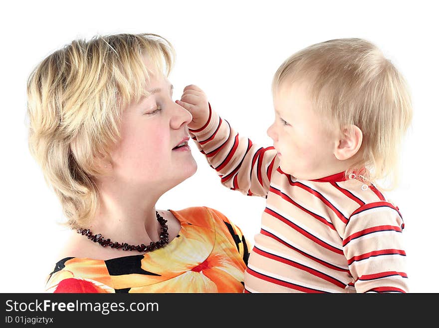 Mother and her little son isolated on white background