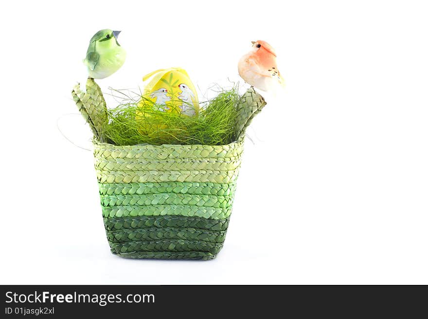 Easter basket with birds and egg isolated on white