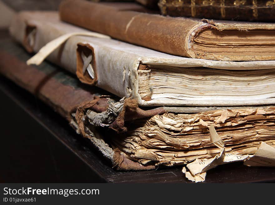 Closeup of stacked old books