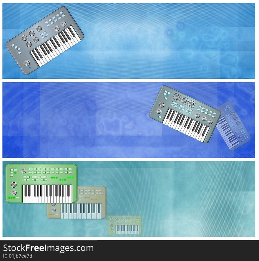 Grunge pastel azure and blue banners with retro vintage music keyboards. Grunge pastel azure and blue banners with retro vintage music keyboards