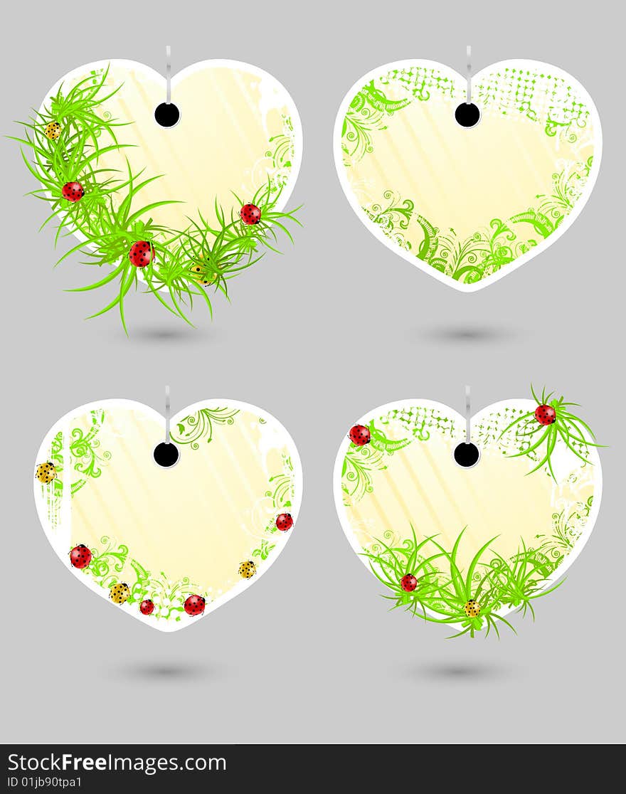 Set of vector heart-shaped spring labels with grass and ladybugs. Set of vector heart-shaped spring labels with grass and ladybugs