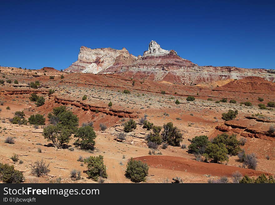 View of red rock formations in San Rafael Swell with blue sky�s