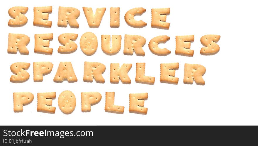 The words: service, resources, sparkler, people made of cookies on white. The words: service, resources, sparkler, people made of cookies on white