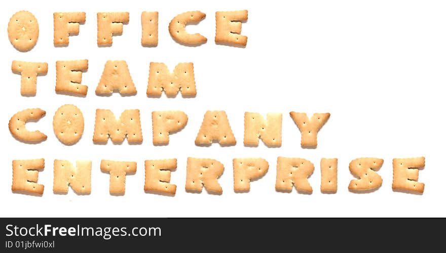 The words: office, team, company, enterprise made of cookies. The words: office, team, company, enterprise made of cookies