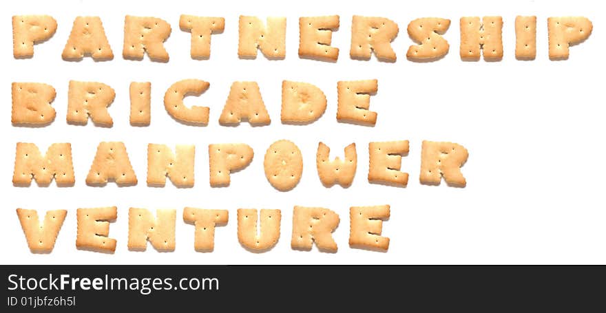 The words: partnership, brigade, manpower, venture made of cookies. The words: partnership, brigade, manpower, venture made of cookies