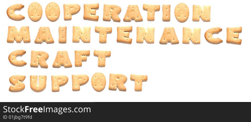 The words: cooperation, maintenance, craft, support made of cookies. The words: cooperation, maintenance, craft, support made of cookies