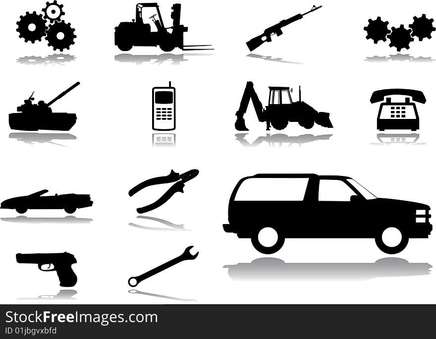 Set icons - 87. Machines and technologies. Cars, weapon, tools and other for your design