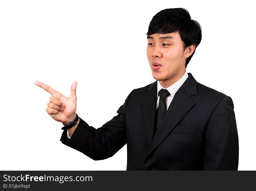 Young Asian businessman presenting. Isolated on white.