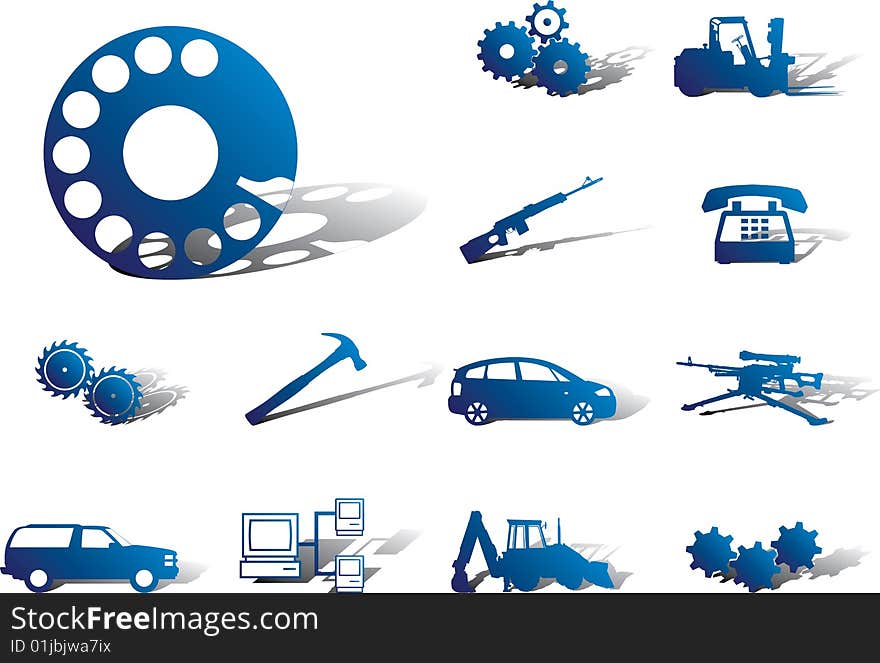 Set icons - 97A. Machines and technologies.  Cars, weapon, tools and other for your design