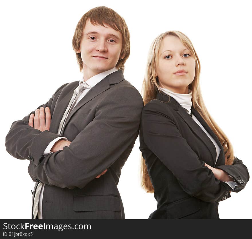 Businessman and businesswoman on white background