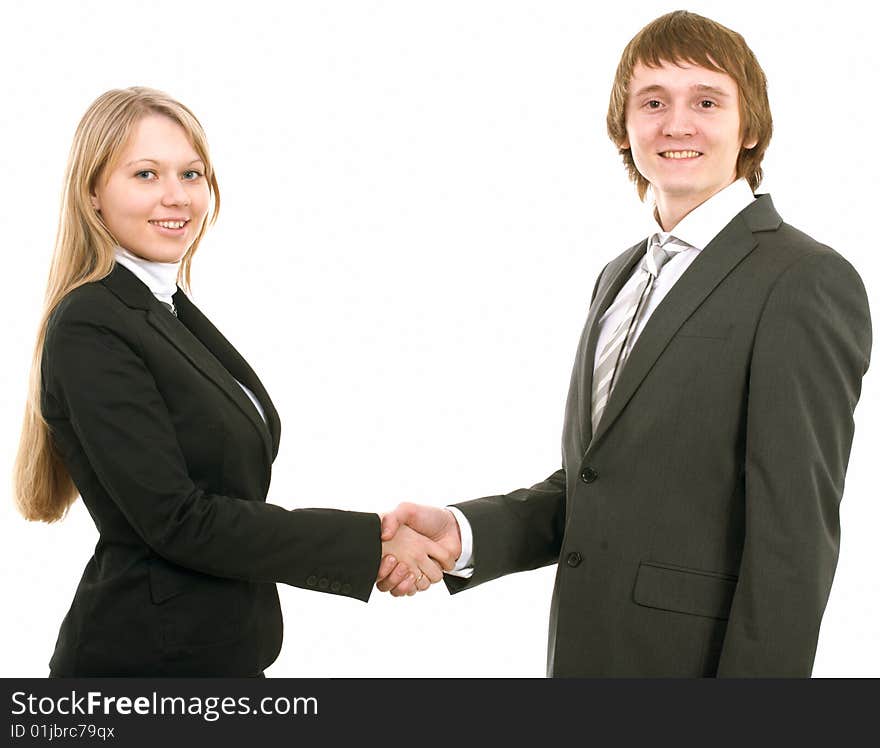 Business man and businesswoman handshake on white background