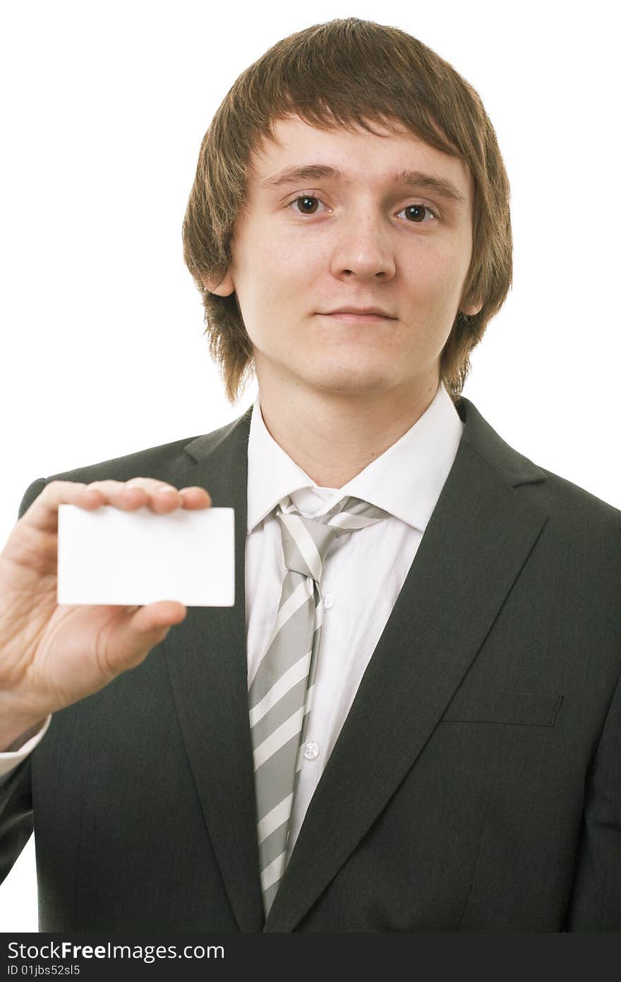 Businessman show business card on white background