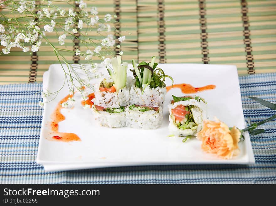 Chef's special roll with seaweed salad