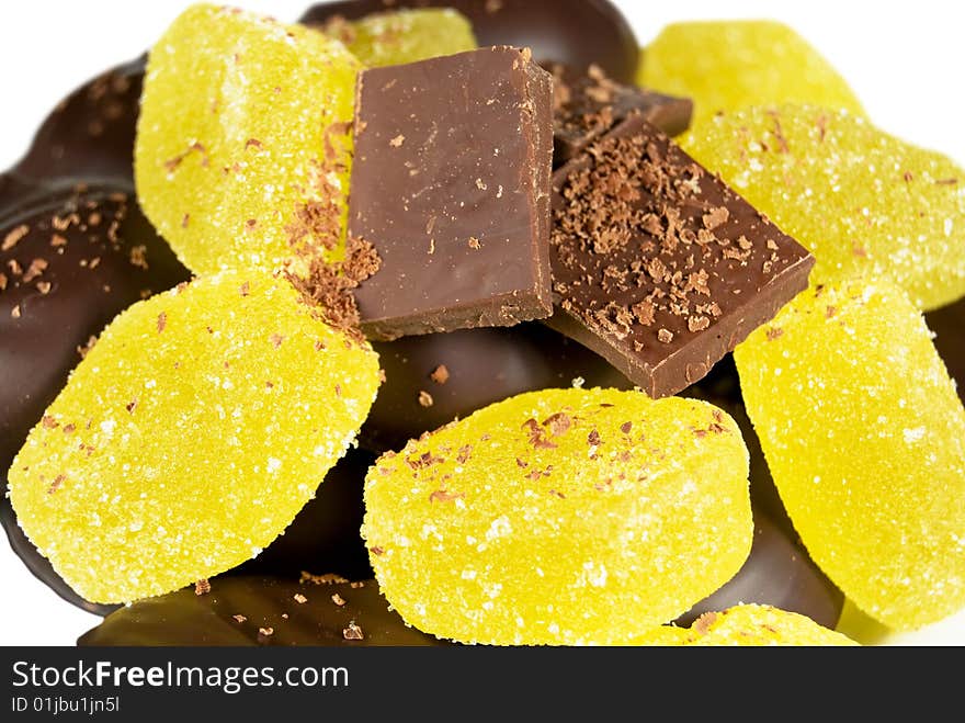 Chocolate, fruit jellies and zephyr closeup. Chocolate, fruit jellies and zephyr closeup